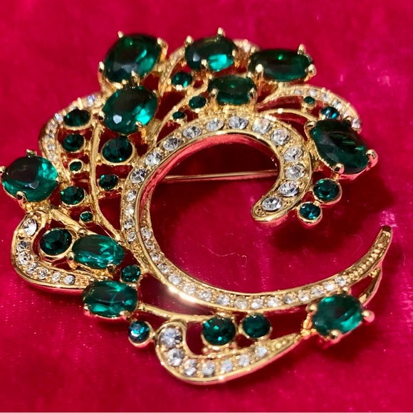 💎 Vtg. Camrose & Kross Jbk Emerald & Clear Glass Rhinestone Feather💎#BROC - Picture 11 of 16